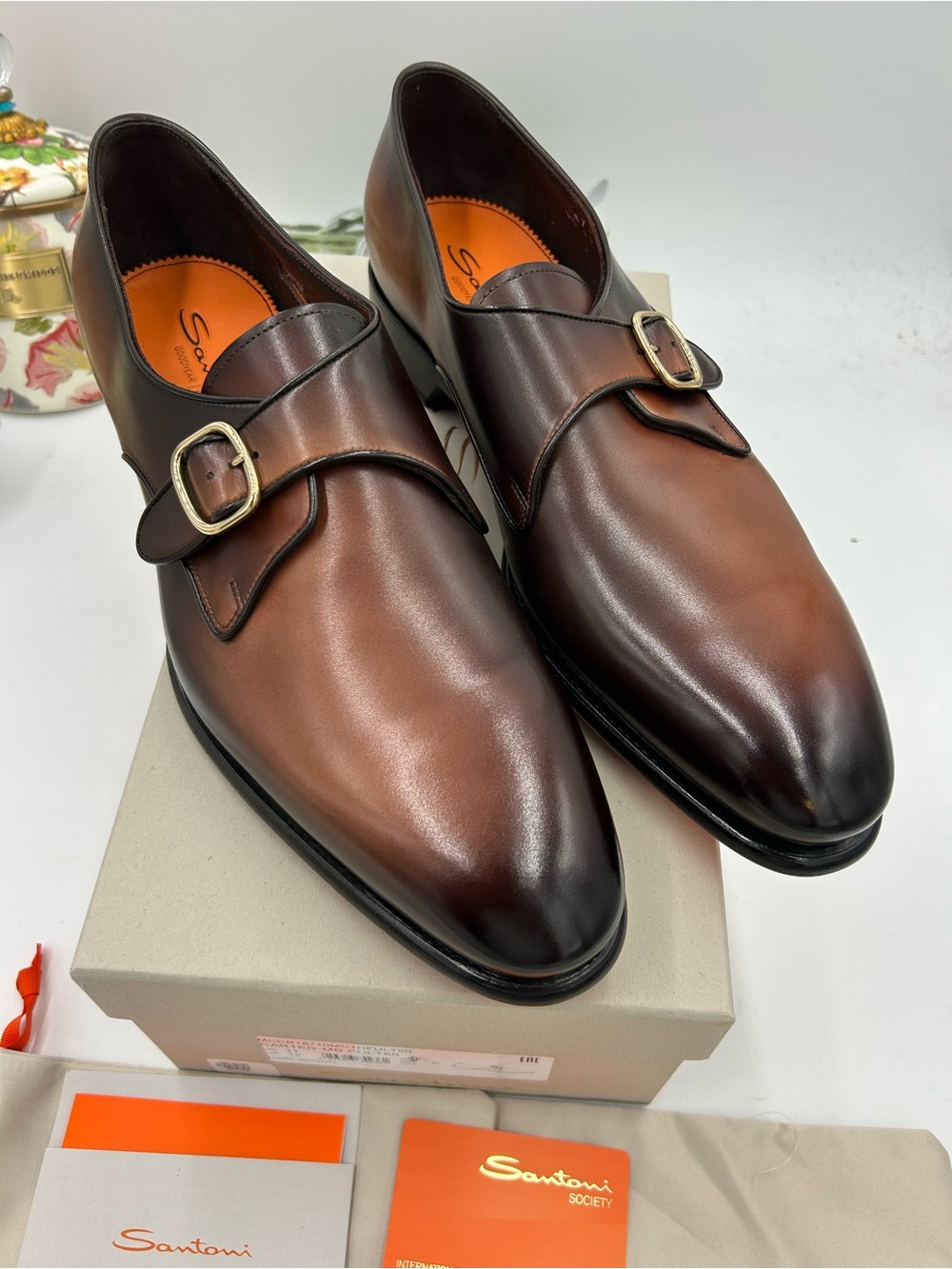 Men's Santoni burnished Leather single Monk strap dress shoe size 12 US